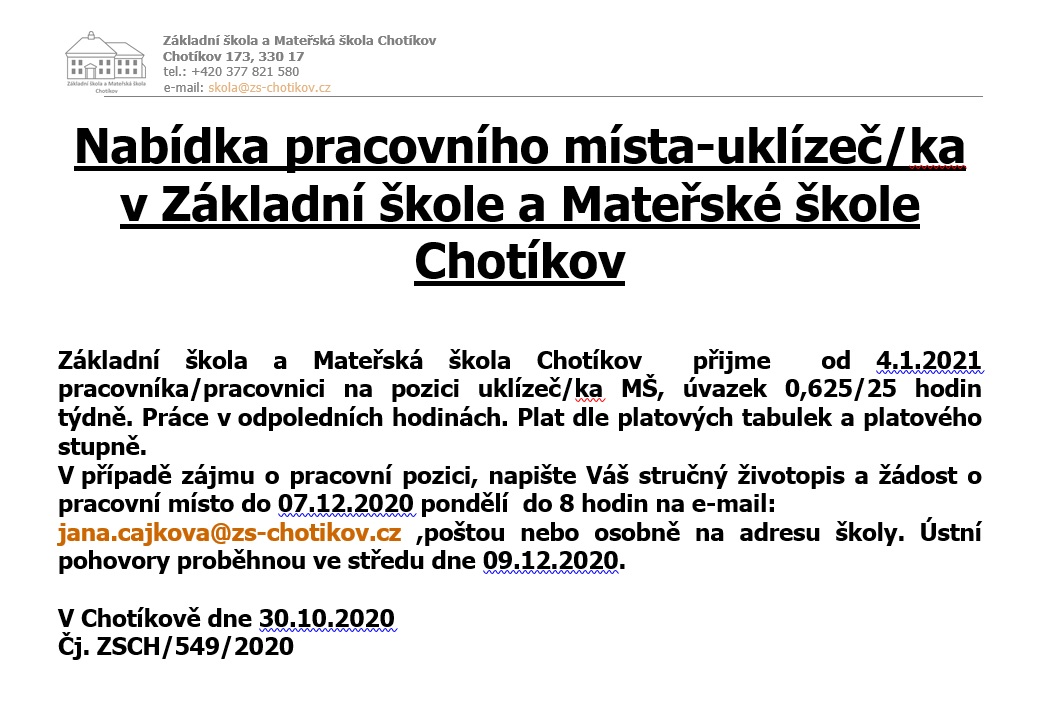 201030 Nabídka pracovníího místa uklízečka