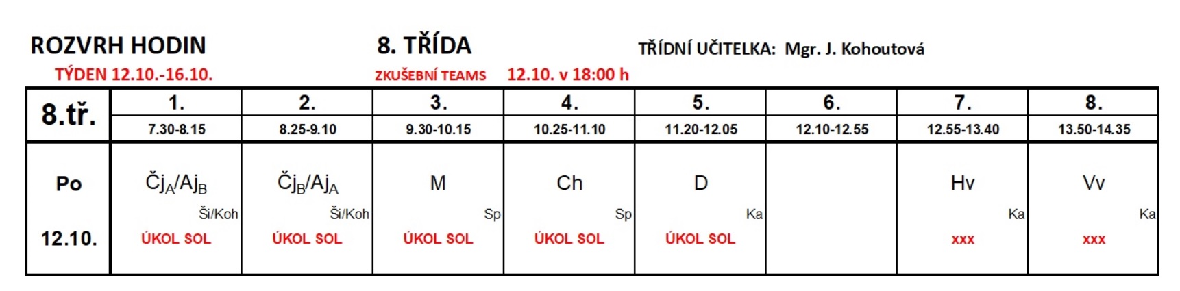 Rozvrh 8. třída 12.10.2020