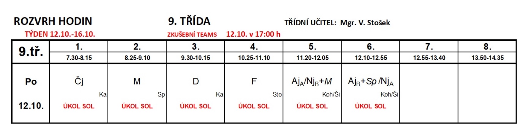 Rozvrh 9. třída 12.10.2020